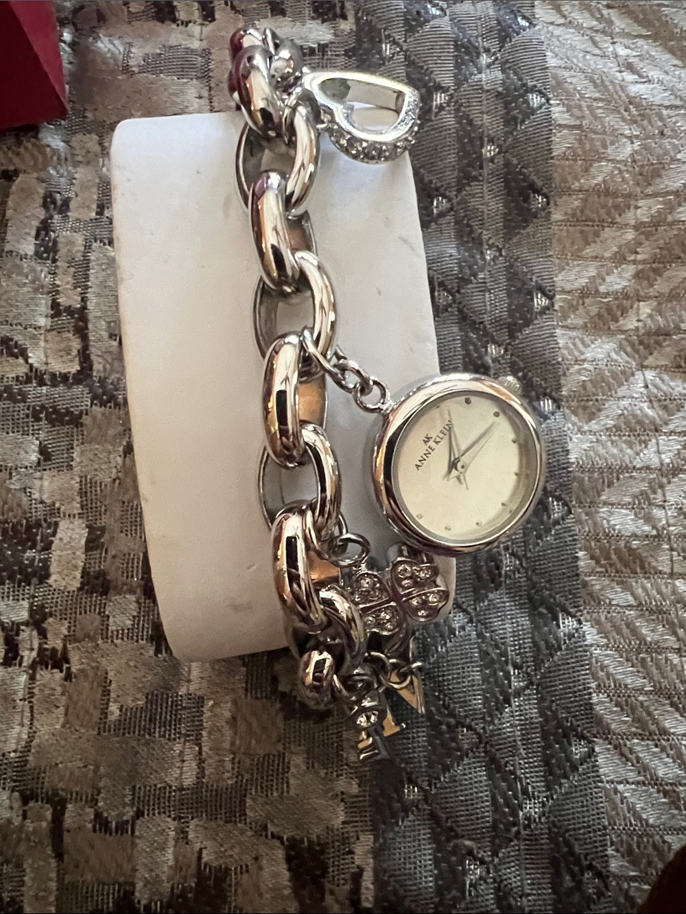 Vintage Anne Klein Silver-Tone Charm Bracelet Watch with Heart Pendant